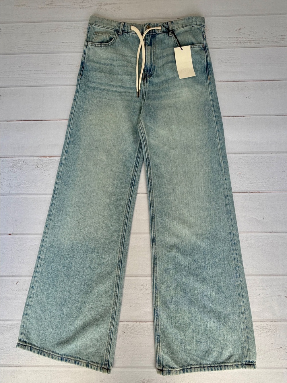 Zara ZW Drawstring Relaxed Leg Full Length Jeans NWT Light Wash Size 2 - Picture 2 of 11